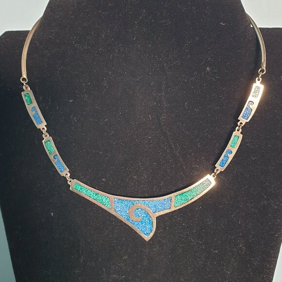Vintage Mexican Southwestern Malachite & Turquoise Inlay Sterling Necklace - Picture 3 of 11